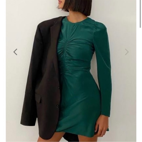 Thakoon Ruched Silk Mini Dress in Forest Green Long Sleeve Button Cuff Crew Neck - Picture 1 of 7